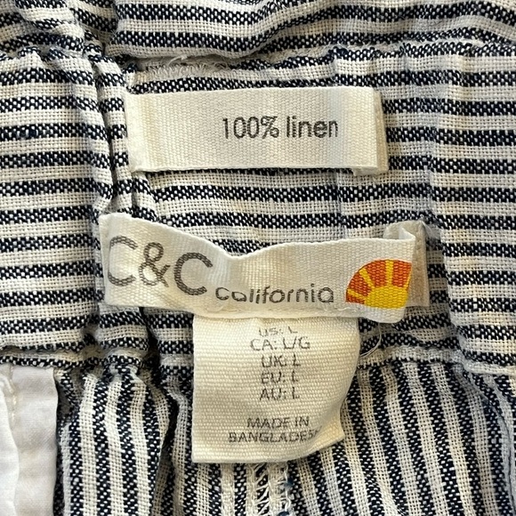 C&C California Women's Blue & White Striped 100% Linen Belted Pants Size Large - Picture 8 of 10